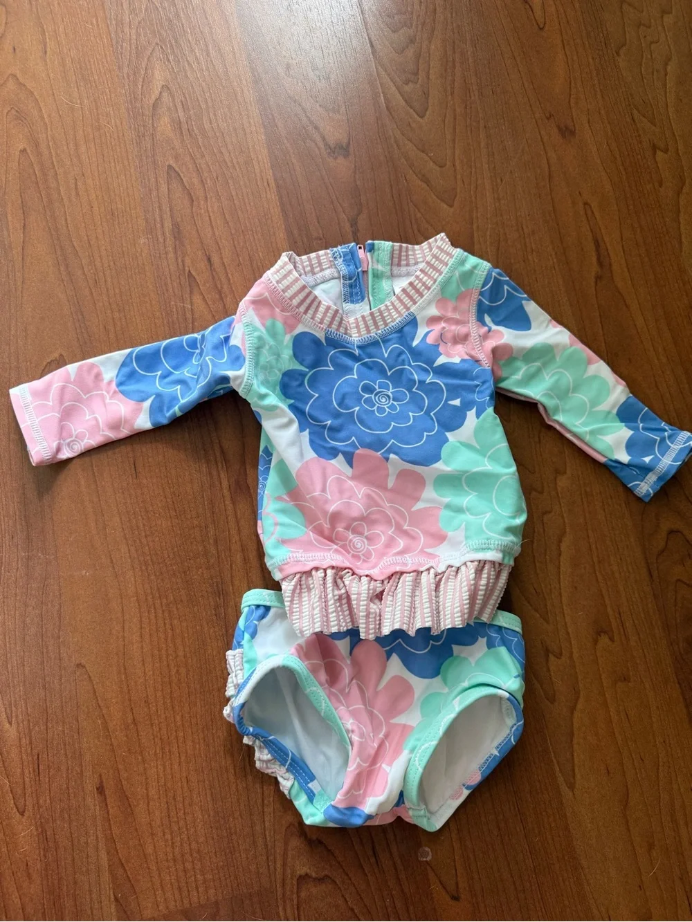 Ruffle Butts Floral Long-Sleeve Rash Guard Set in Pink, Blue & Mint